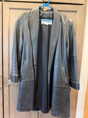 Vintage Jonathan Paris Black Leather Open-Front Swing Coat